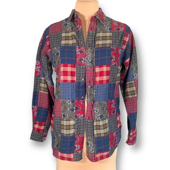 Vintage 90s Patchwork Shirt Multicolor Plaid Paisley Grunge Unisex Button Up - Picture 10 of 14